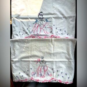 Vintage handmade Mr & Mrs embroidered pillowcases unused